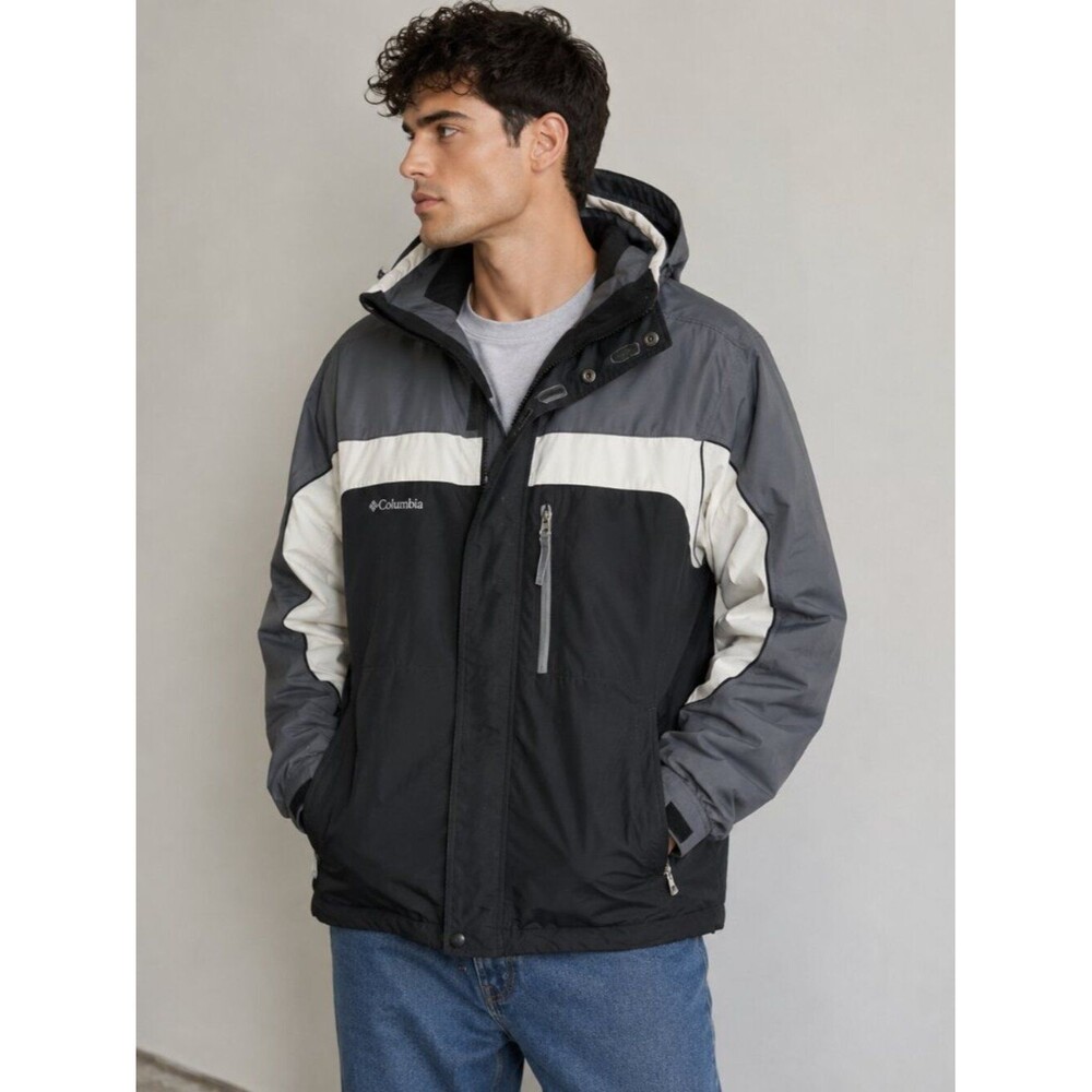 Columbia Interchange Shell Jacket Men’s L Gray Black Hooded Outdoor Windbreaker